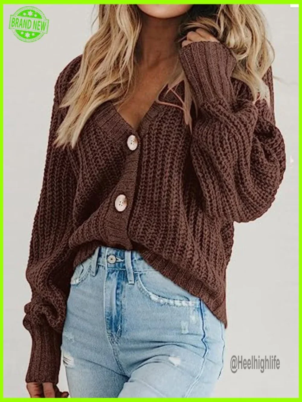 Chunky Knit Open Front Short Cardigan Long Sleeve Button Down V-Neck Loose - Picture 3 of 7